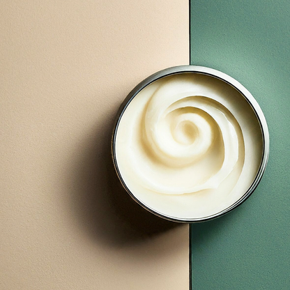 Cream in a round container on a beige and green background