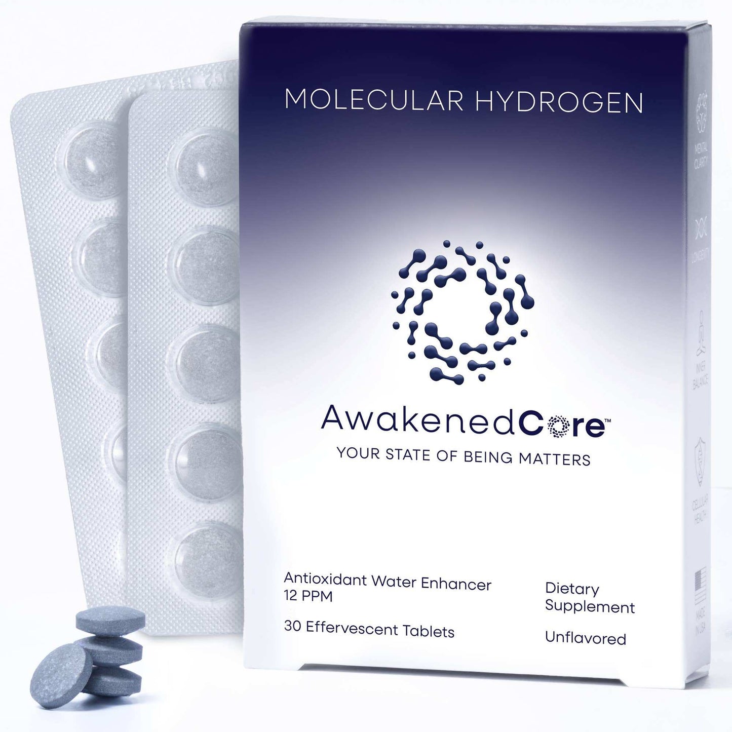 AwakenedCore Molecular Hydrogen supplement packaging with tablets on a white background