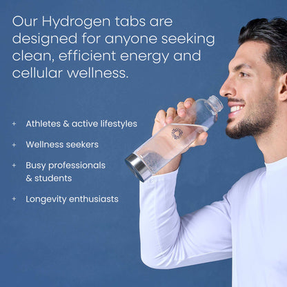 Man holding a bottle with text about hydrogen tabs for energy and wellness on a blue background