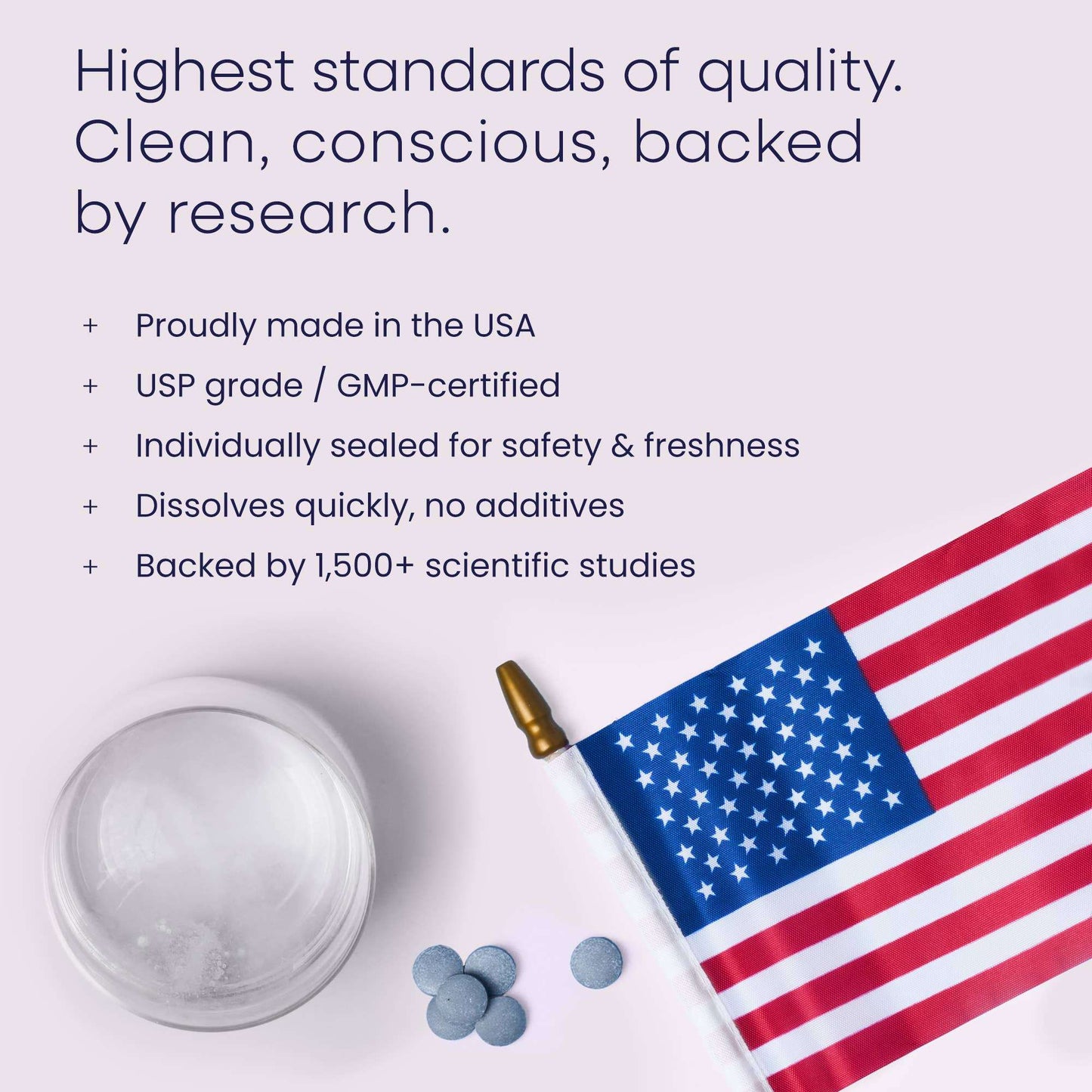 Product packaging with a U.S. flag, text about quality and certification, and a container on a light background.