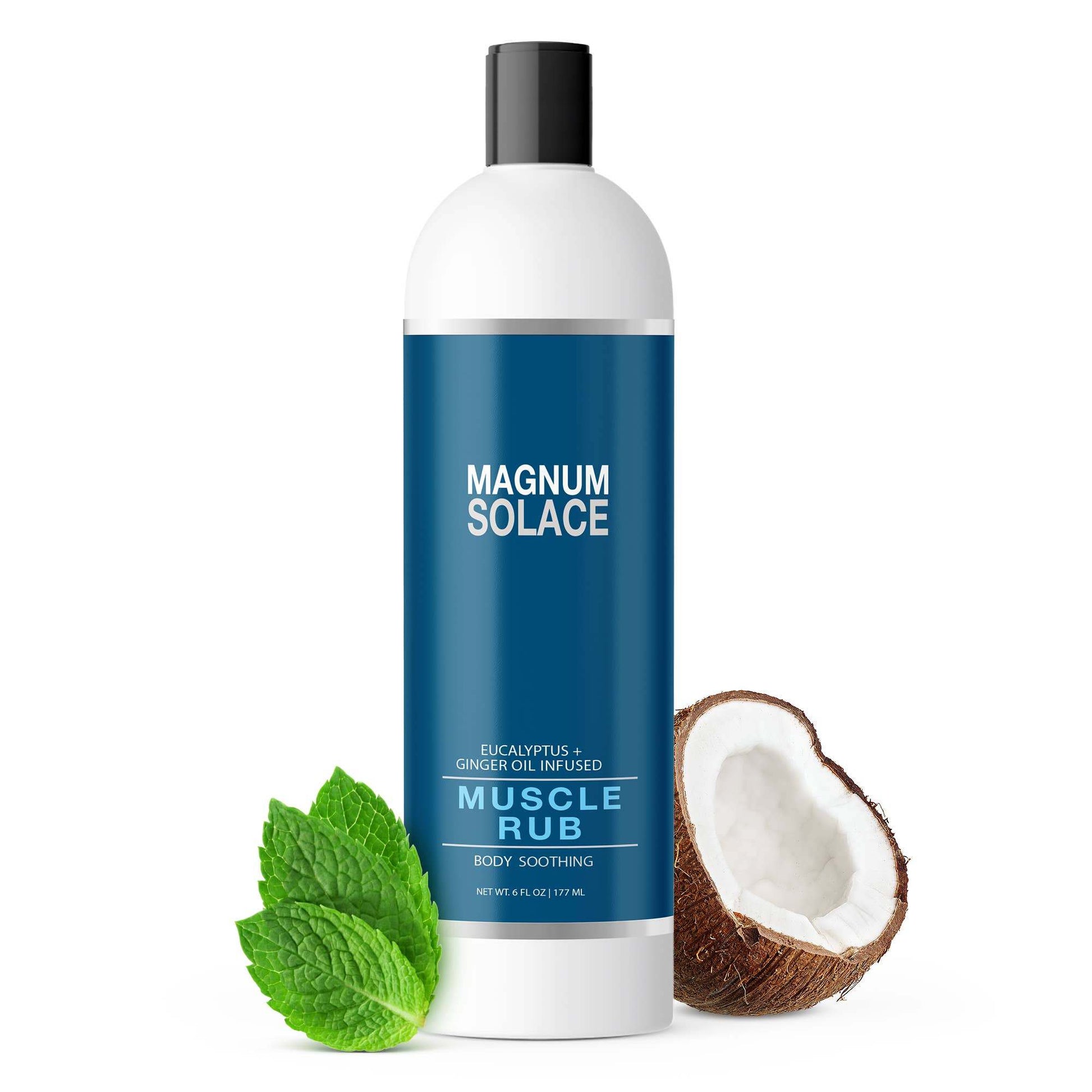 Bottle of Magnum Solace muscle rub with a coconut and mint leaves on a white background
