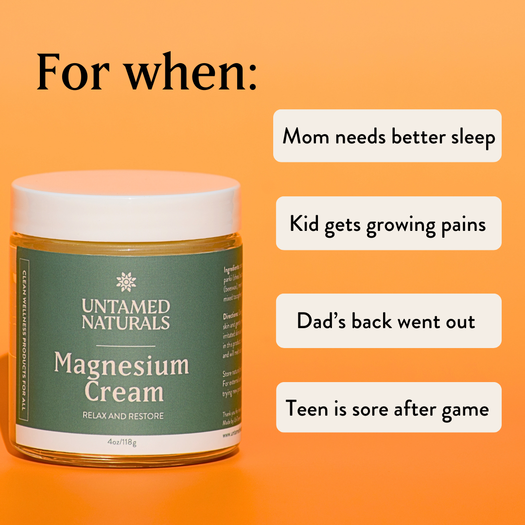 Jar of Untamed Naturals Magnesium Cream with uses listed on an orange background