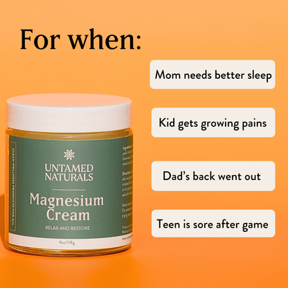 Jar of Untamed Naturals Magnesium Cream with uses listed on an orange background