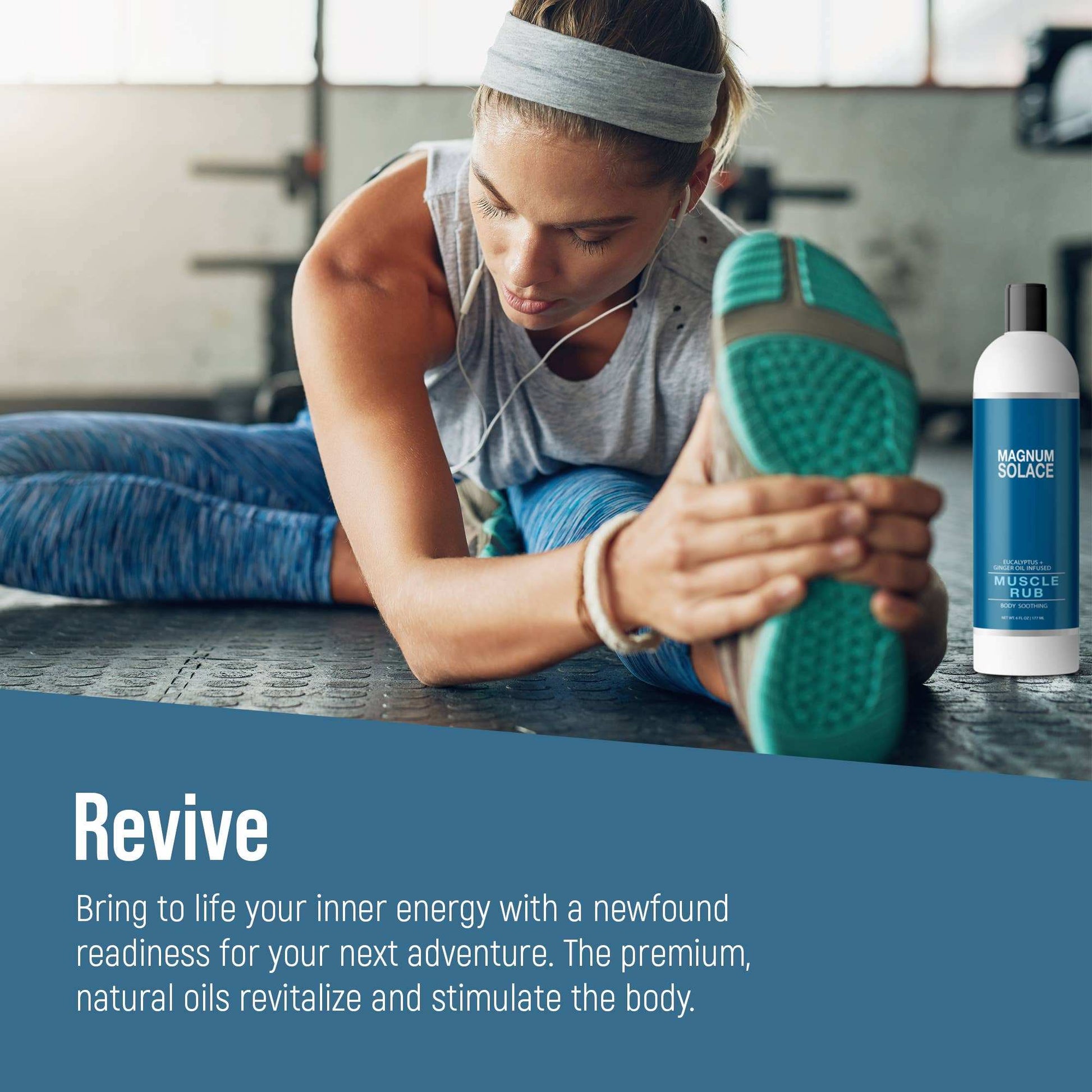 Woman stretching with a bottle of Muscle Rub on a blue background