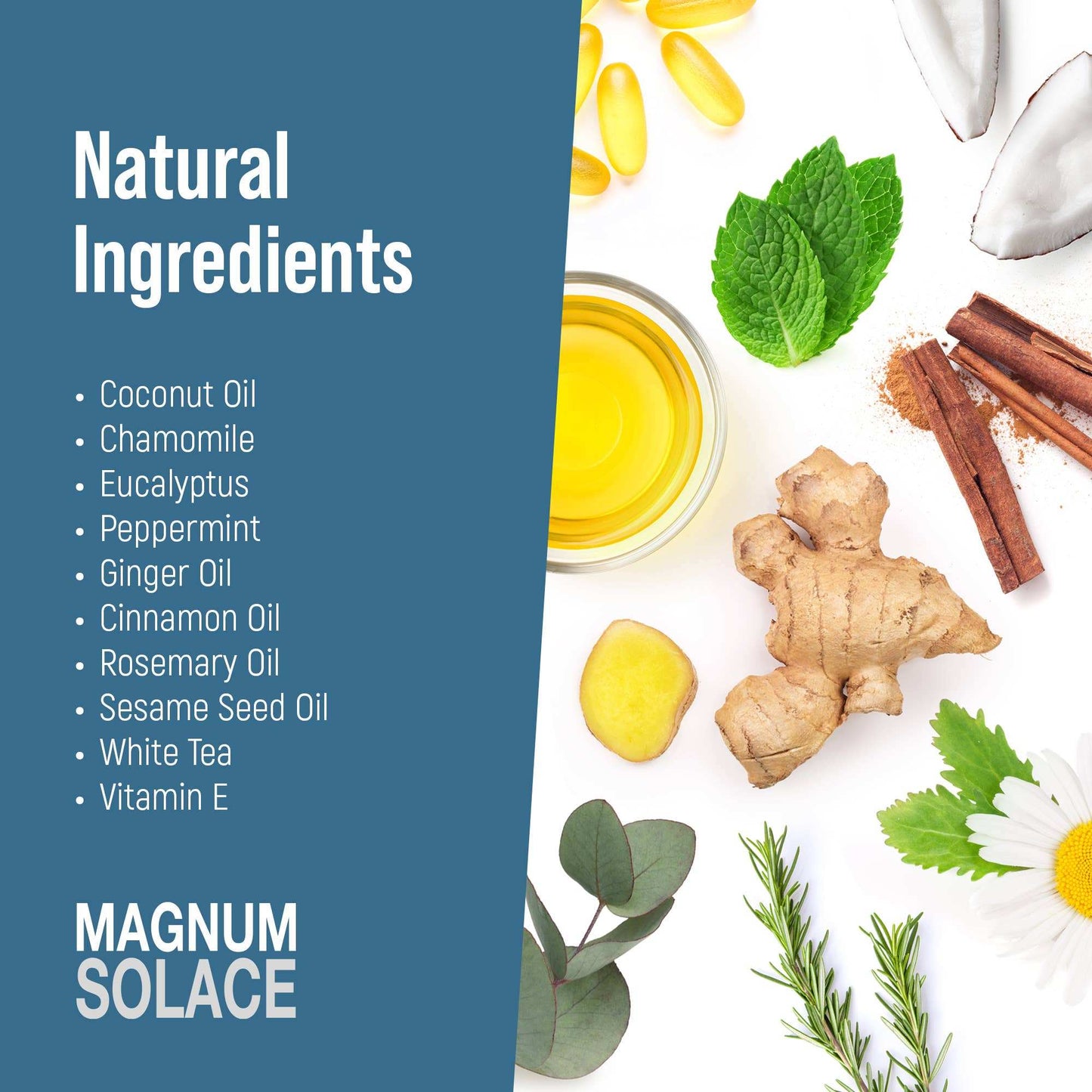 List of natural ingredients with corresponding images on a white background, featuring text 'Natural Ingredients' and 'Magnum Solace'.