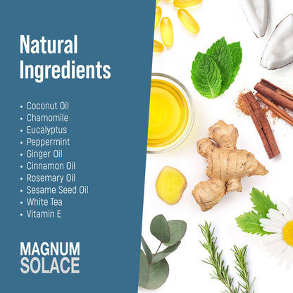 List of natural ingredients with corresponding images on a white background, featuring text 'Natural Ingredients' and 'Magnum Solace'.