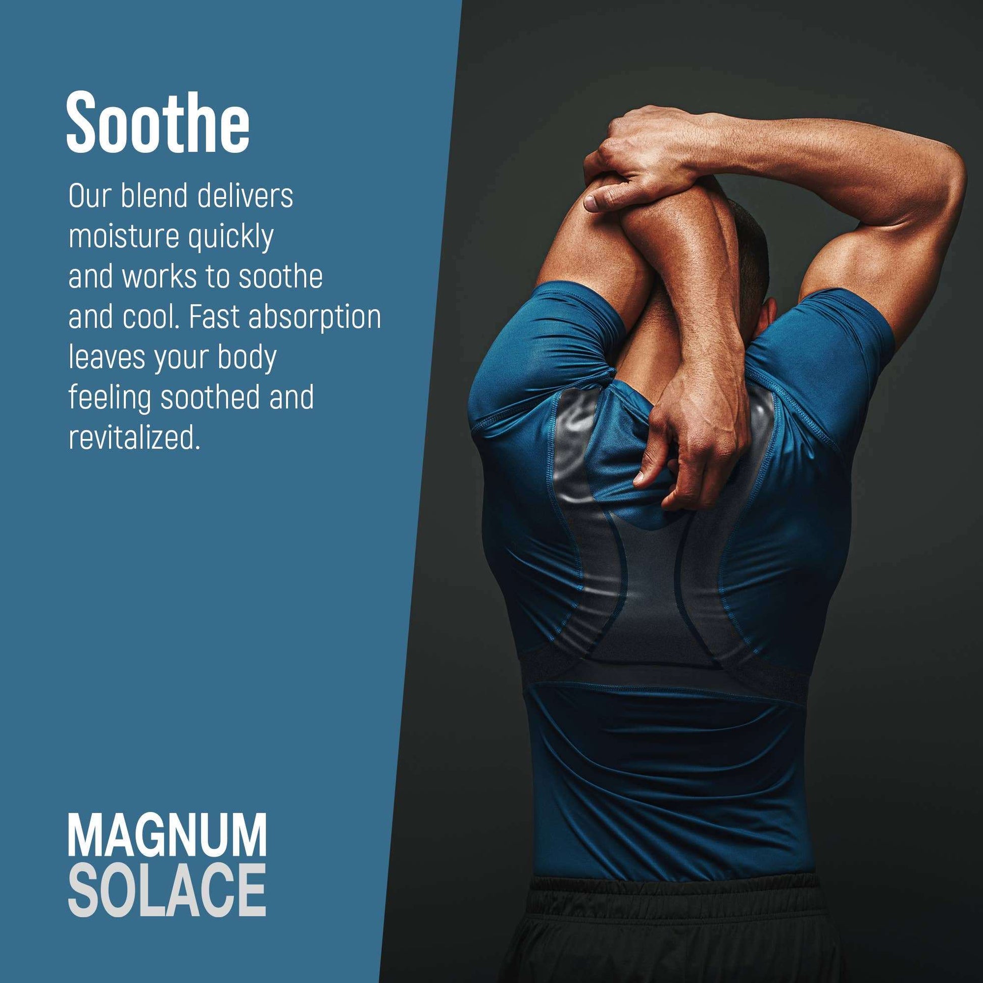 Person wearing a blue athletic shirt with text about Magnum Solace product on a dark background