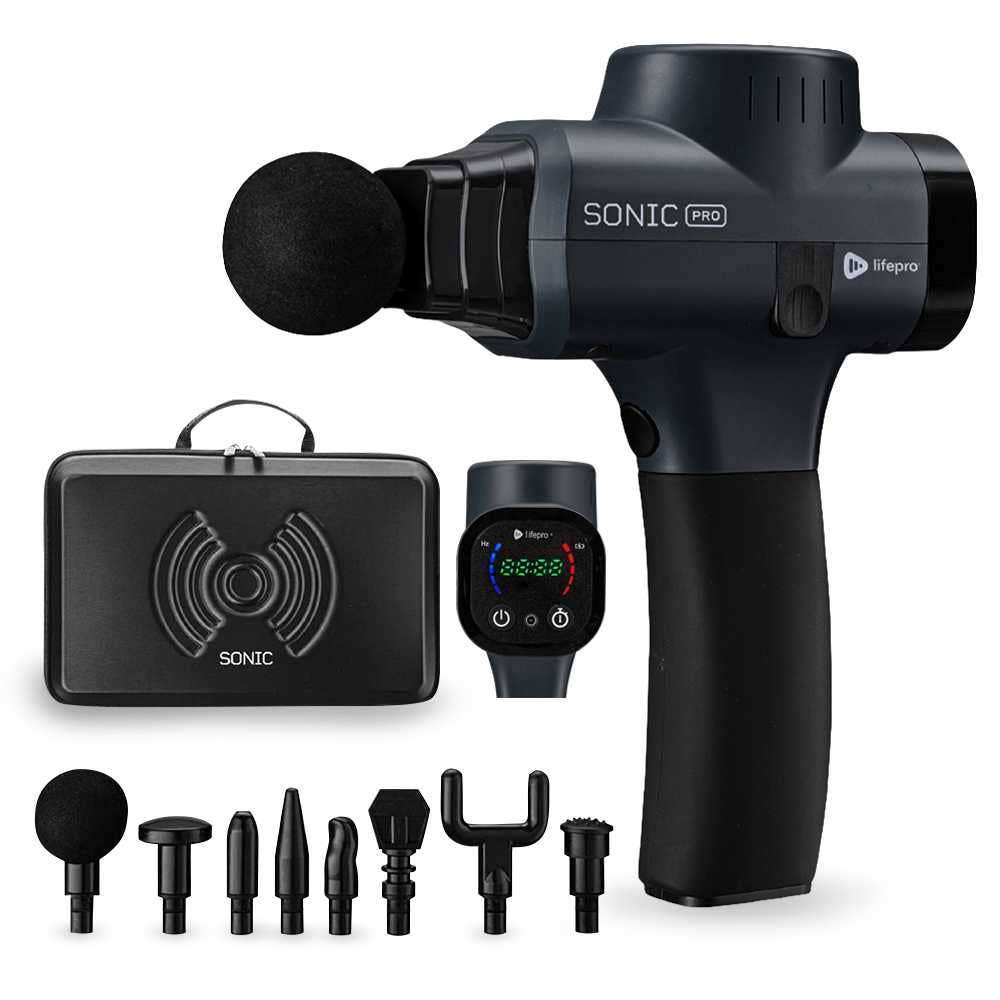 Black Sonic Pro massage gun with attachments on a white background
