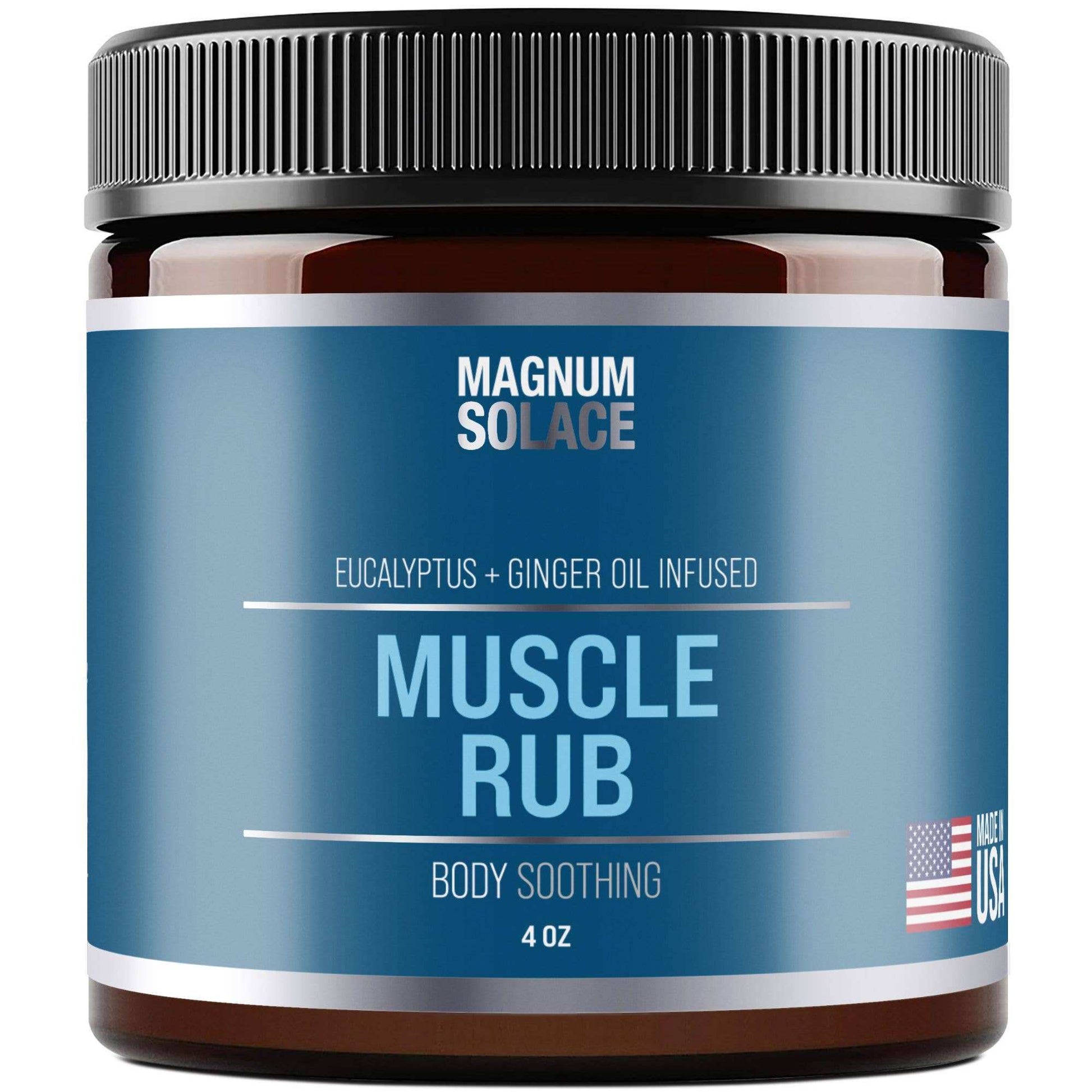 Jar of Magnum Solace Muscle Rub with blue label and black lid.