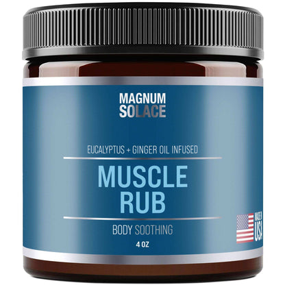 Jar of Magnum Solace Muscle Rub with blue label and black lid.