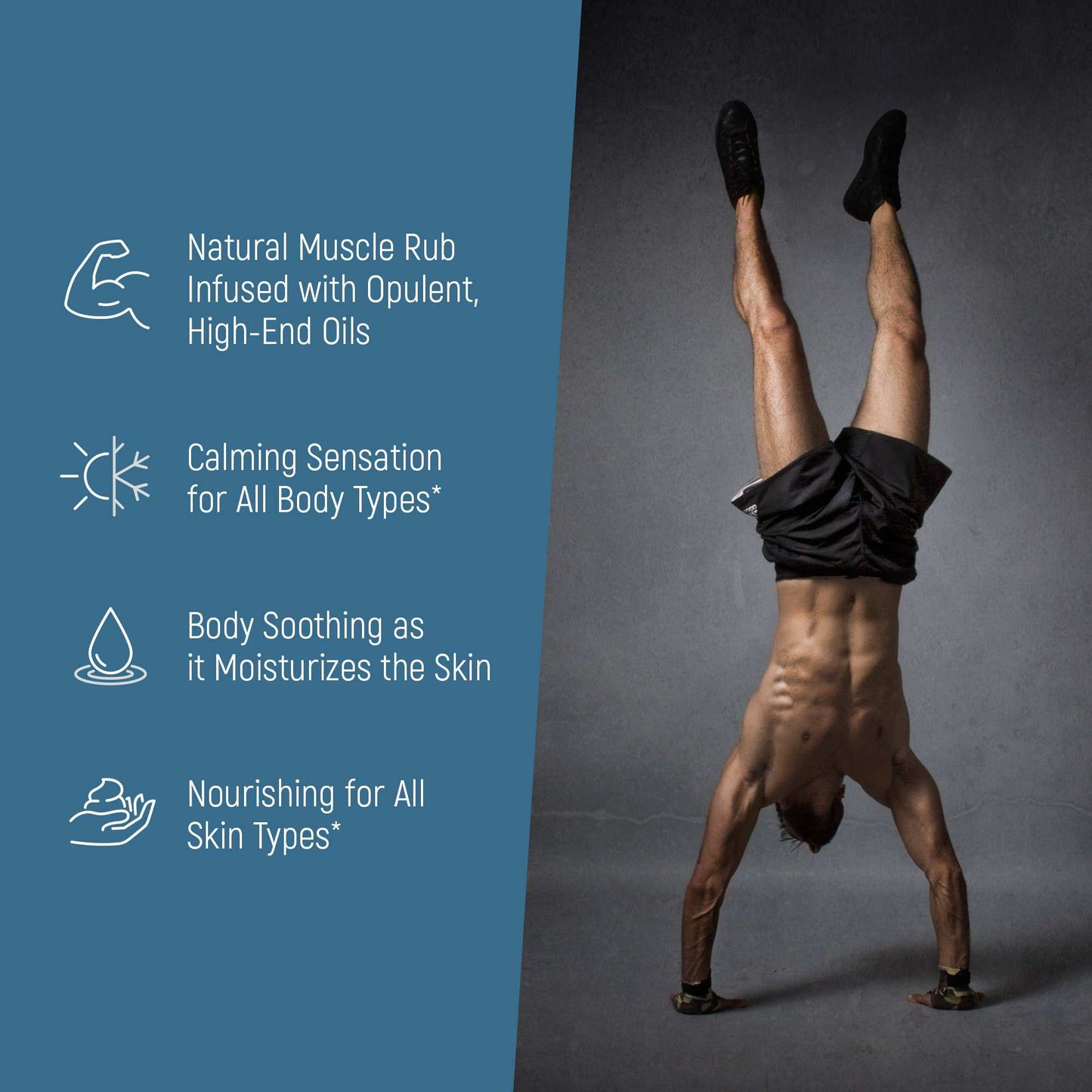 Person doing a handstand with product description on the side