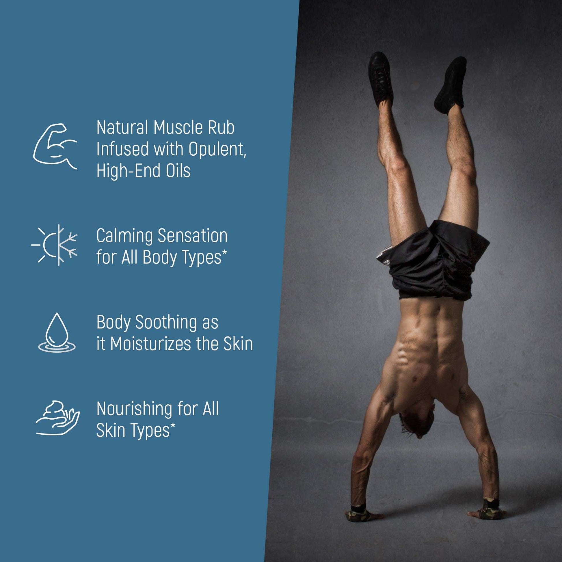 Person doing a handstand with product description on the side