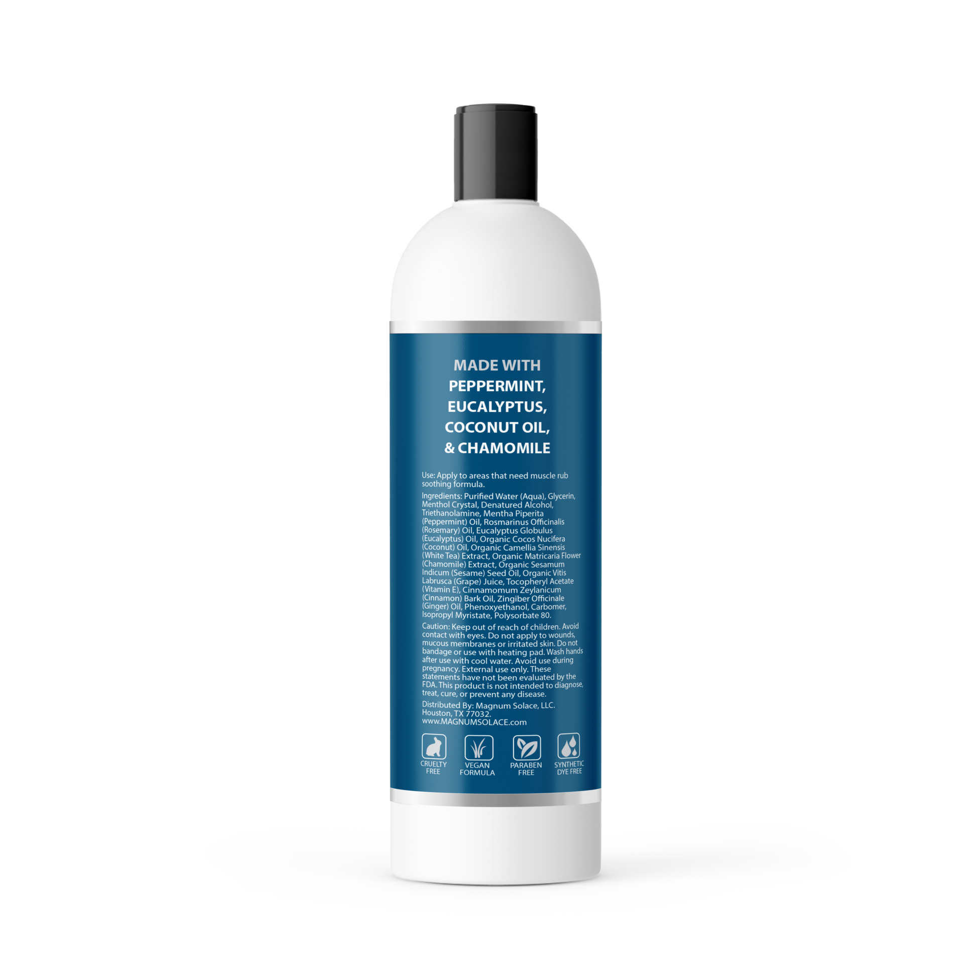 Bottle with a blue label on a white background