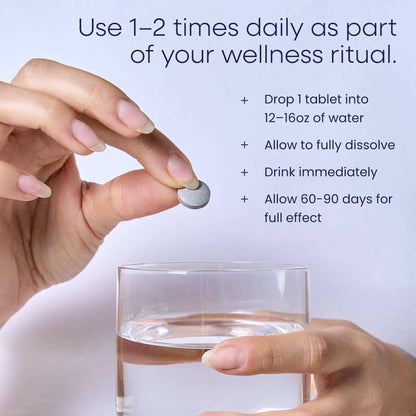Hand holding a pill above a glass of water with wellness ritual instructions.