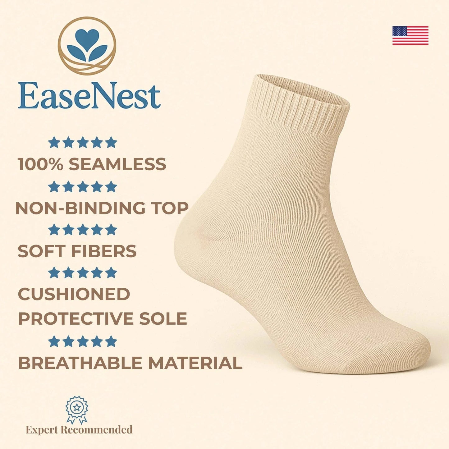 Beige sock with EaseNest product features on a beige background