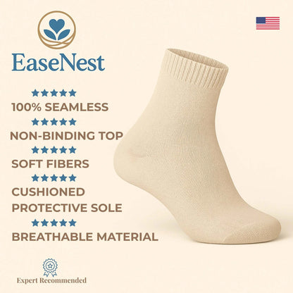 Beige sock with EaseNest product features on a beige background