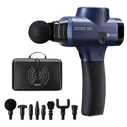 Blue and black Sonic Pro massage gun with attachments on a white background
