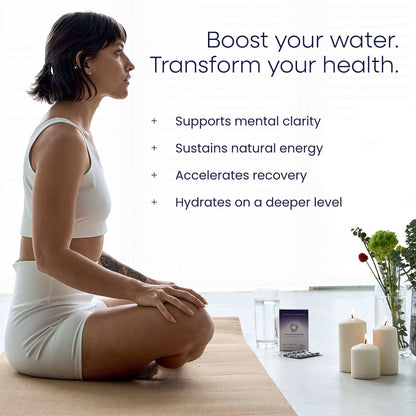 Woman in a white outfit sitting on a yoga mat with text about water's benefits.